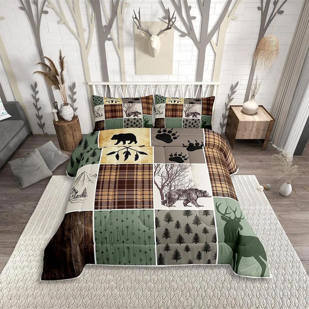 Feelyou Microfiber Comfy Bedding Set - Soft Breathable Cabin Rustic Duvet Set, Retro Farmhouse Wild Animal Patchwork Quilt for Kids Boys, Hunting Bear Deer Christmas Country Decor, Microfiber Bedding Set
