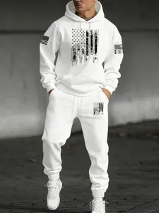 Men's Letter Pattern Hoodie Set, Sweatsuit Set, Sports Suit Tracksuits, Tracksuit Sweat Suits, Kangaroo Pocket Drawstring Hooded Sweatshirt + Waistdrawstring Sport Pants 2 Piece Set, Fall & Winter Casual Fashion