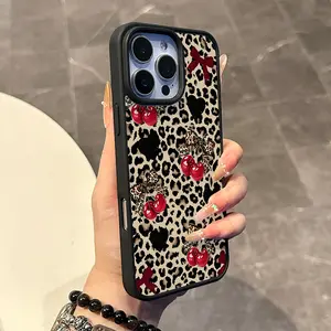 Chic Magnetic Case for iPhone11/12/13/14/15/16/17/promax Leopard Cherry Bow Pattern MagSafe Ready, Anti-Slip, Ultra Thin | Aesthetic Touch for Daily Use