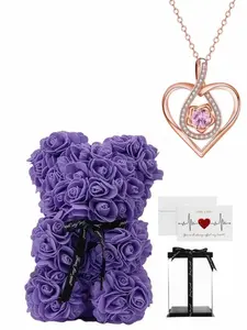 Rose Bear Gift Box Set, Romantic Gift Box, Deluxe Gift Box, Includes Teddy Pendant Necklace, Realistic Rose Flowers, Greeting Card & Gift Bag, Perfect Birthday Jewelry Gift for Women Girls, Perfect Gift Bundle