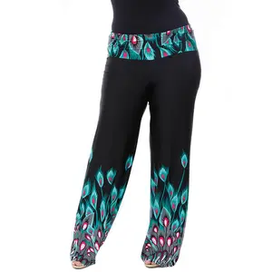 White Mark Women's Plus Size Peacock Print Palazzo Pants