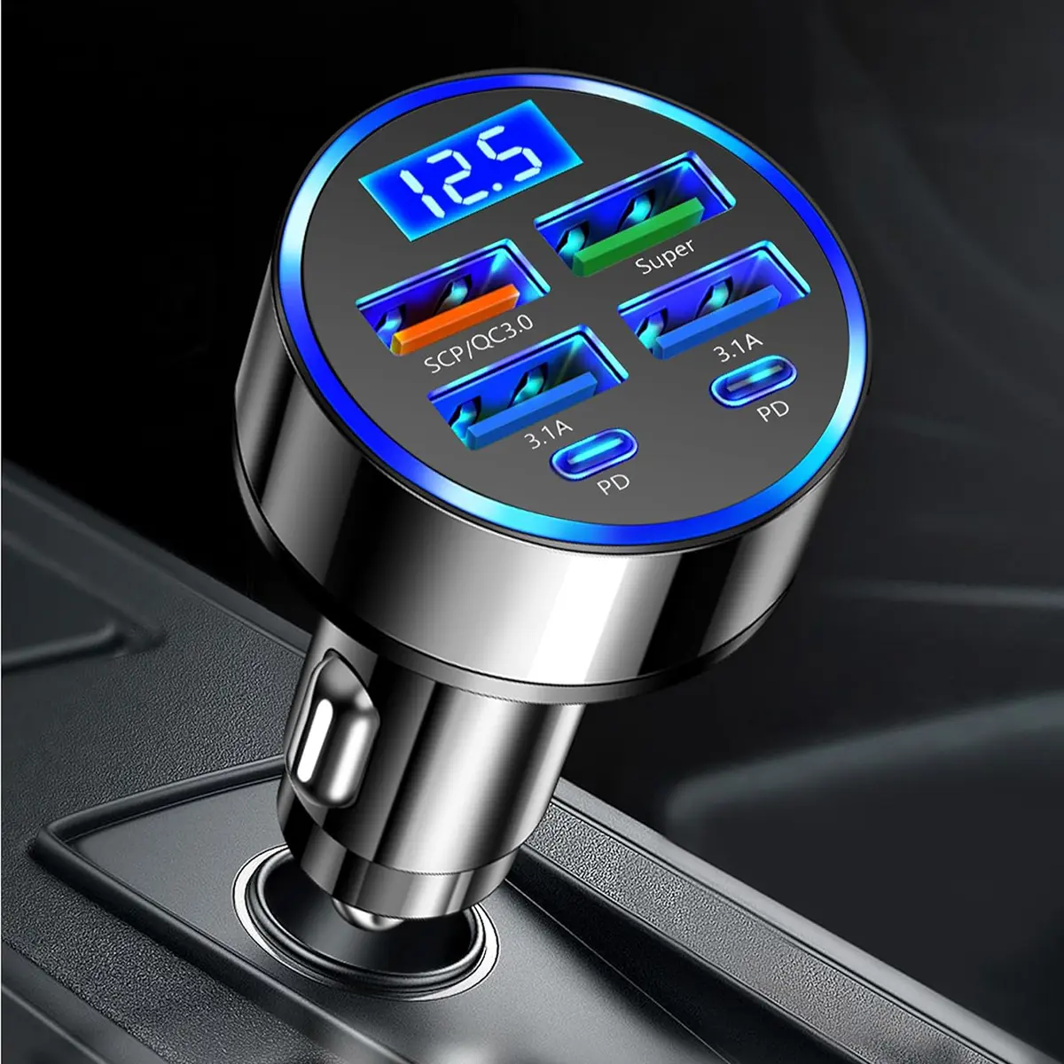 12V-24V Wide Voltage 6-Port CNC Machined Aluminum Alloy Car Cigarette Lighter Adapter, Fast Charger with LED Voltage Monitor, 5-Layer Circuit Protection, 4USB+2PD Dual USB-C Ports, Current Diverting Tech, Essential for Most Cars iPhone/Android