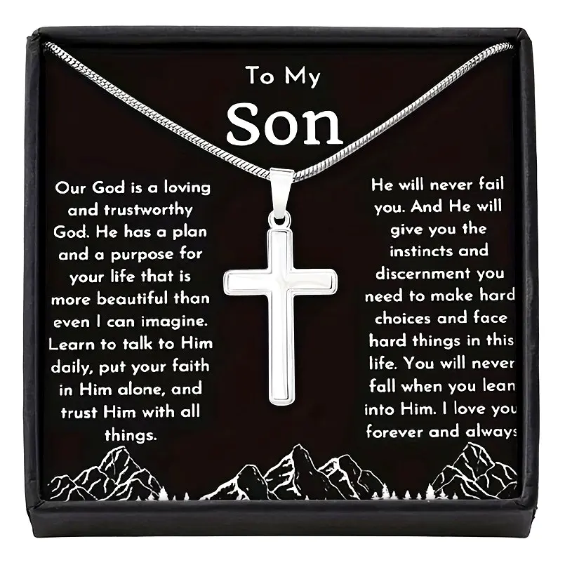 Gift Card and Gift Box Packaging- Necklace for My Son- Cross Necklace- Stainless Steel Chain and Stainless Steel Cross- Birthday Gift for My Son