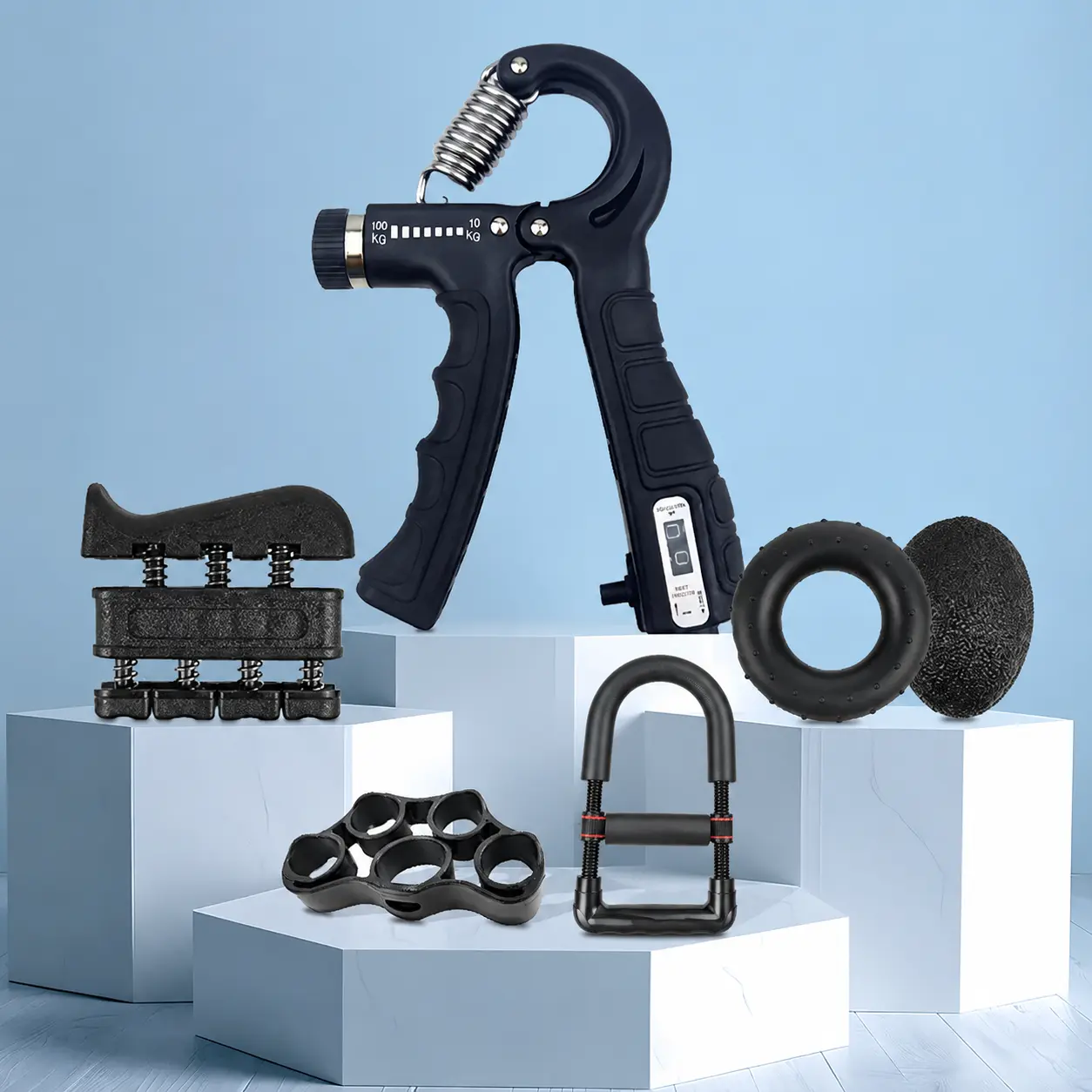 5-Piece Hand Grip Strengthener Workout Kit – Adjustable Resistance Forearm Grip, Finger Exerciser, Grip Ring & Stress Ball Set for Muscle Building, Injury Recovery & Rehabilitation Gift