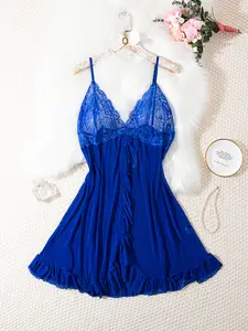 Plus Size Blue Lace Babydoll Lingerie for Women, Sheer Mesh Chemise Nightgown with Ruffle Trim, Spaghetti Strap V-Neck Sleepwear