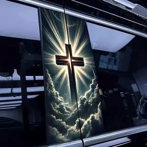 Divine Light Cross Car B Pillar Sticker, Waterproof Vinyl Decal, Heavenly Clouds & Lightning Graphic, Religious Christian Auto Window Trim Decor, Compatible with Most Cars Trucks SUVs, Personalized Faith Vehicle Exterior Accessories, Car Decals