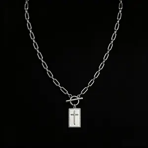 Silver Paperclip Chain Necklace with OT Clasp, Lock, Square & Cross Charms jewelry，Gifts for Men Birthday gifts for boyfriend, Father’s Day presents, anniversary gifts for bros, graduation gifts