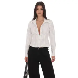 Pinstripe Ruffle Hem Button-Up Shirt in White