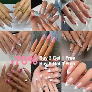 Imayhoo Handmade Acrylic Press On Nails 3D ART Almond Short Mid Length Flase Nails 10PCS RED NAILS PINK NAILS FRENCH NAILS