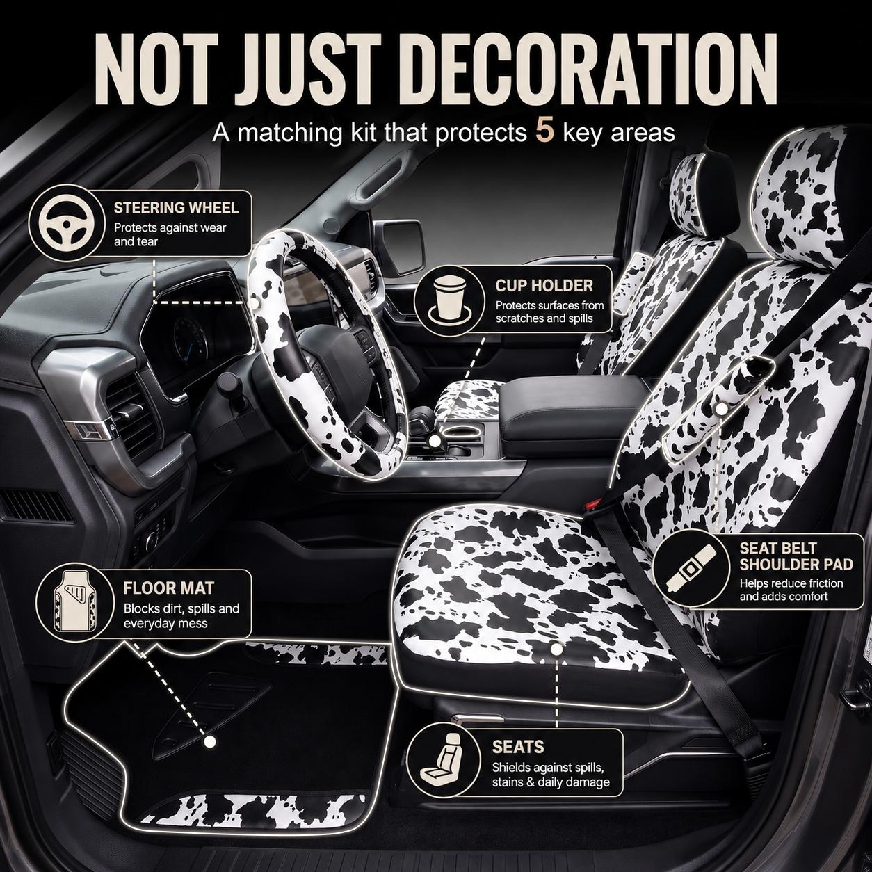 Cow Print Car Seat Covers Full Set, 11PCS Cute Cow Pattern Car Accessories Kit with Steering Wheel Cover, Seat Belt Pads & Floor Mats, Universal Fit for Cars SUVs Trucks Cow Print Car Seat Covers Full Set, 11PCS Cute Cow Pattern Car Accessories Kit with Steering Wheel Cover, Seat Belt Pads & Floor Mats, Universal Fit for Cars SUVs Trucks