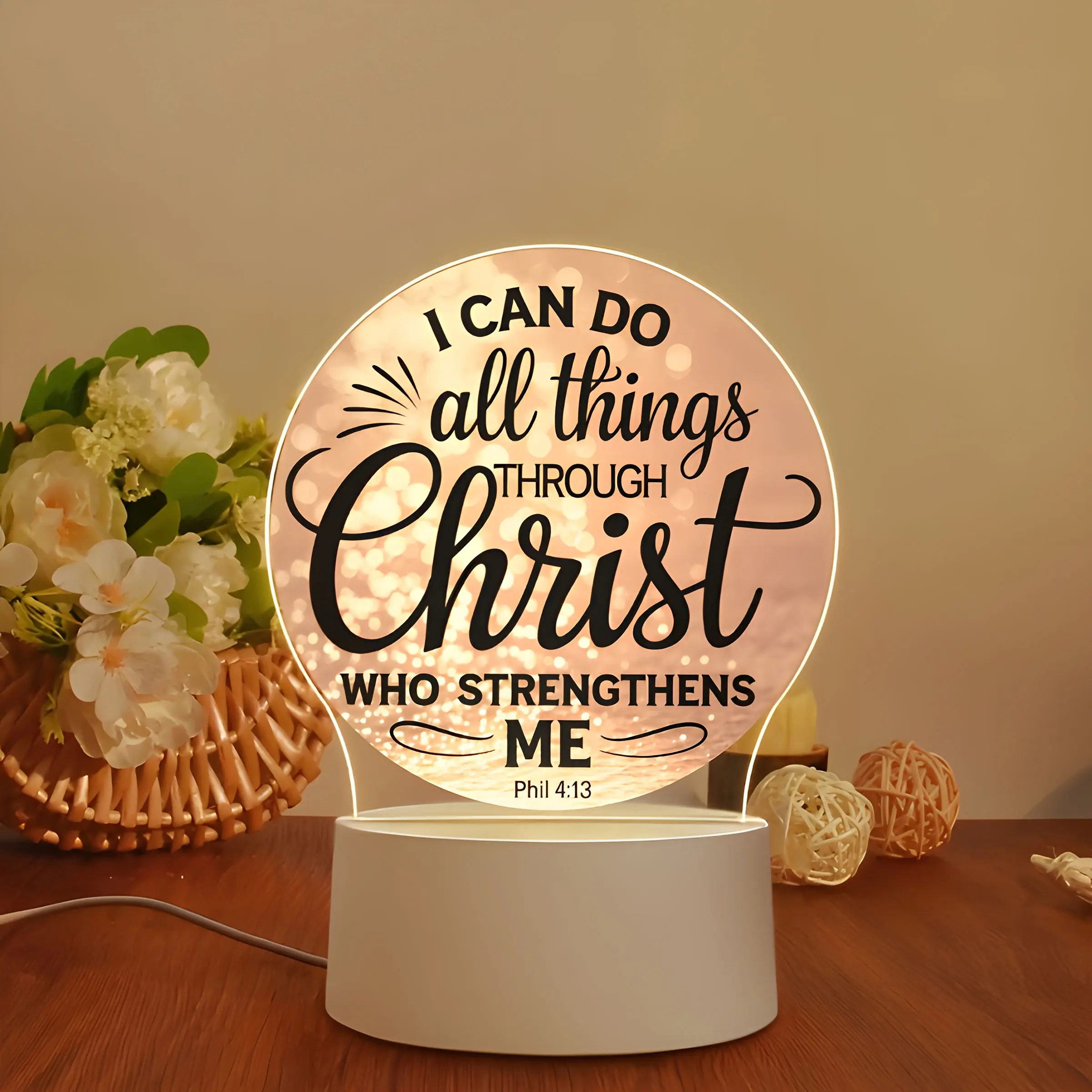 Christian Religious Lamp, Philippians 4:13 Bible Verse Inspiring Scripture Table Light, Decorative Light, Warm Glow USB Powered, Home Decor, Office Desk Decoration, Gift