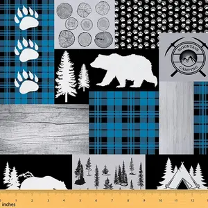 Feelyou Digital Printed Durable Polyester Plaid Pattern Waterproof Upholstery Fabric By The Yd, Rustic Plaid for Camping Hunting, Bear Lodge Patchwork Cabin Fabric (1 Yd), Digital Printed Fabric