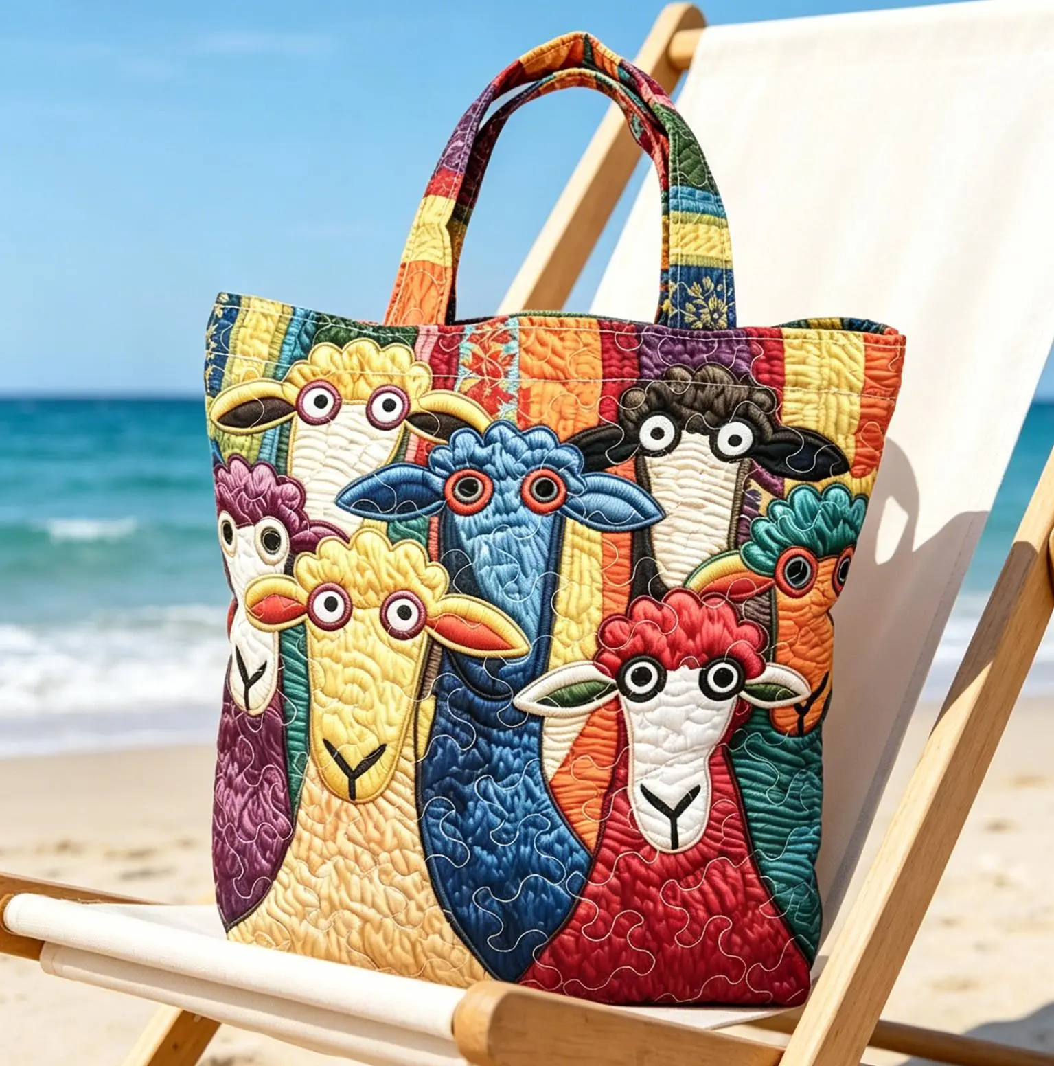 Women's Aesthetic Quilted Tote Bag with 3D-Like Raised Colorful Sheep Print, Double Handles, Quilted Stitching, High-Capacity Rustic Home Organizer for Commuting, Shopping - Durable Lightweight Daily Commuter Bag Aesthetic Tote Animal Tote Bag
