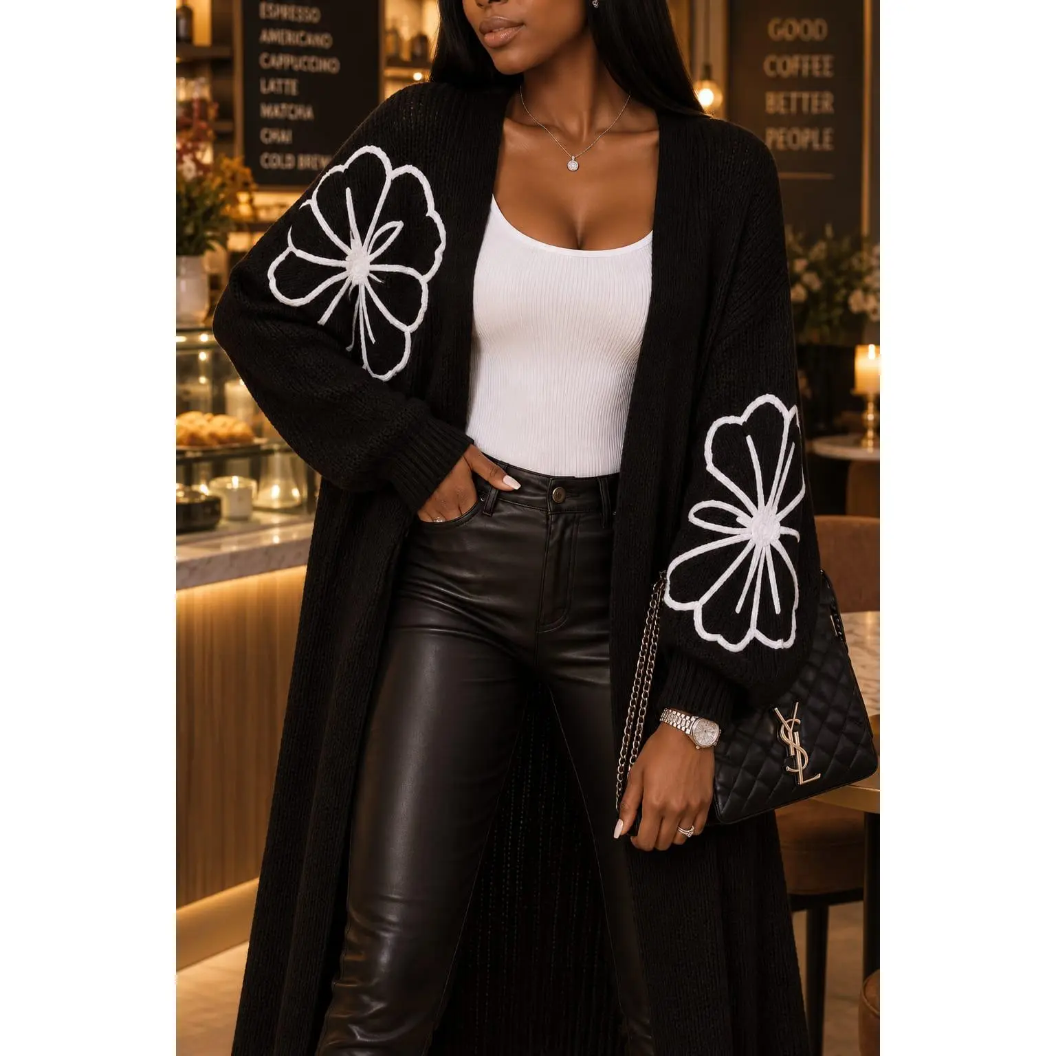 Black Flower Embroidered Knit Duster