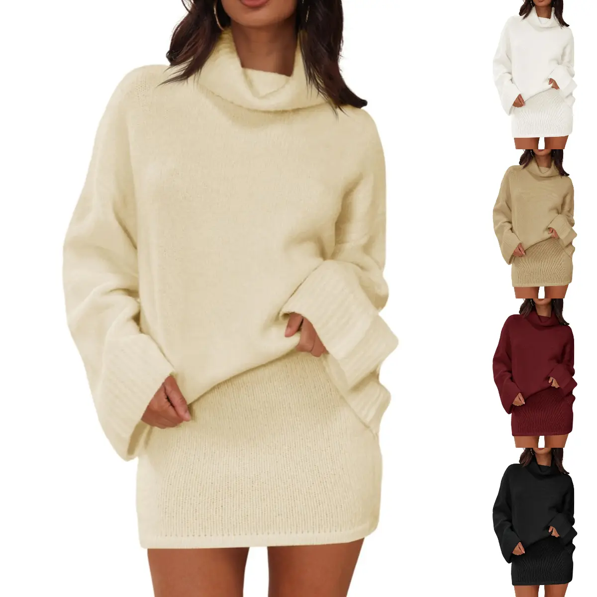 FMEYOA Womens 2 Piece Outfits Sweater Sets Turtleneck Oversized Sweaters and Mini Skirts Fall Winter Trendy Loungewear