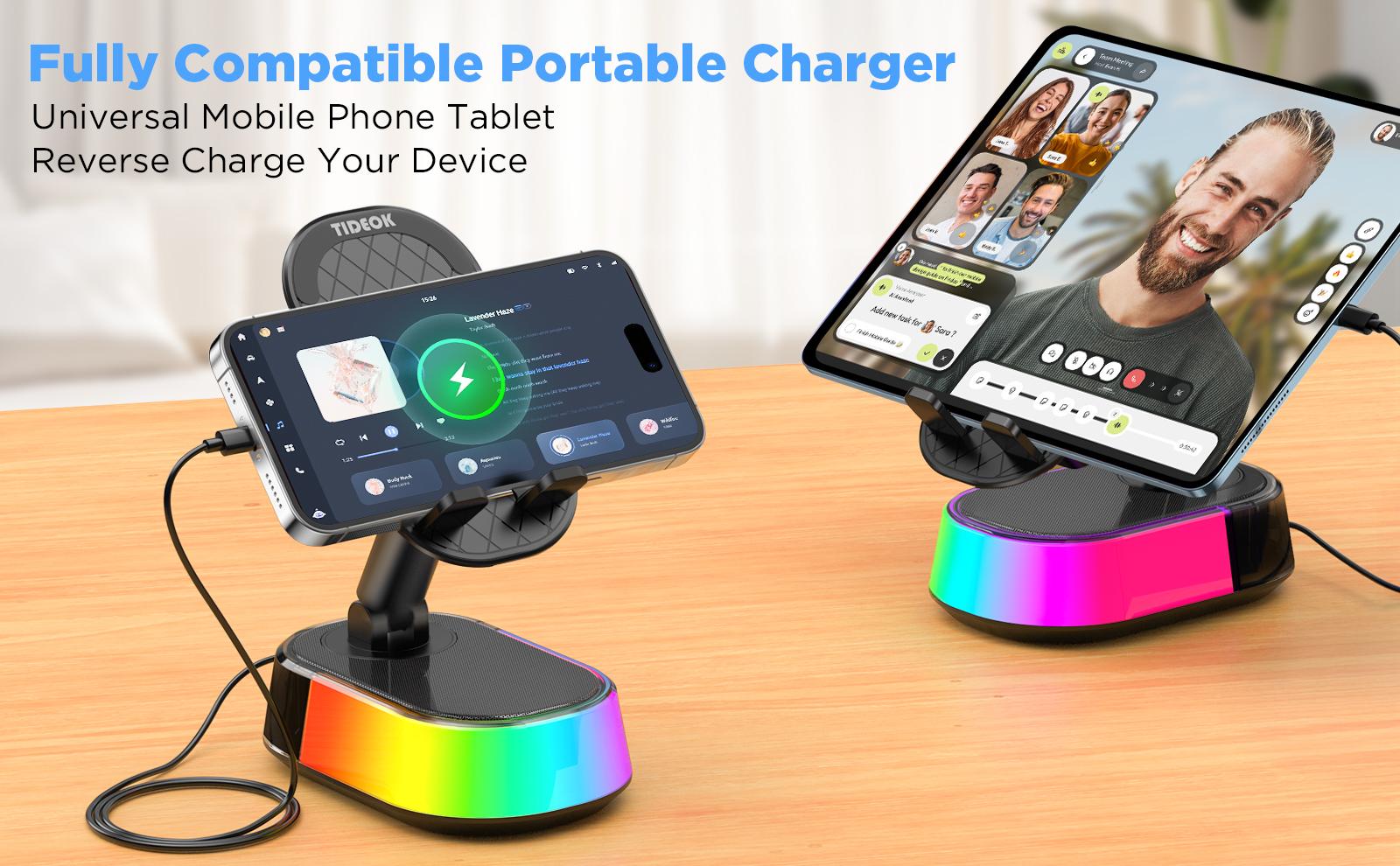 Wireless Induction Audio Speaker Stand, 5in1 Cellphone Holder,  Rechargeable Emergency Power Bank,360° Adjustable Mobile Tablet Stand with Colorful Ambient Light Gifts for Men Women