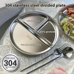 【4 Pack】304 stainless steel fat reducing plate, divided into circular three grid plates, adult and child weight loss quantitative ratio plates, divided into plates