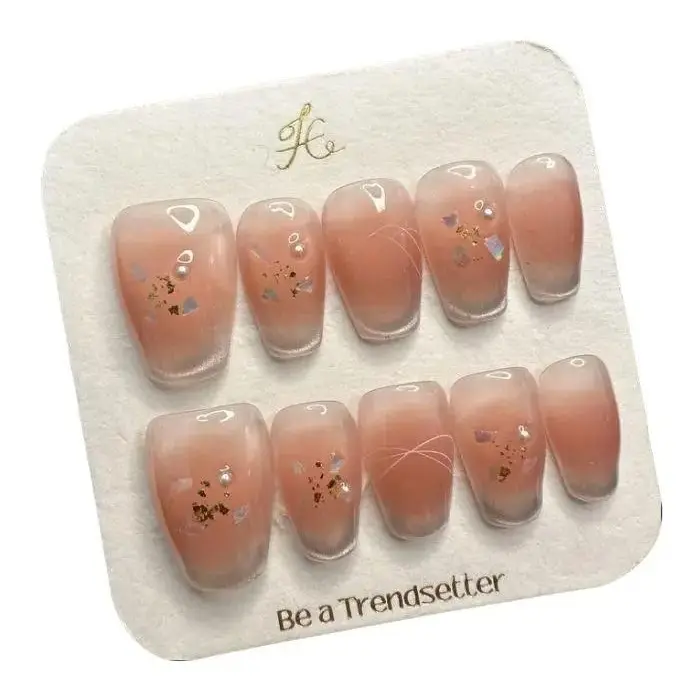 T30 Handmade Press-On Nails,  Light Nude Pink Cat Eye with French Tip, Reusable High-Quality Manicure Kit for Women,  Reusable Nails, Removable False Nails