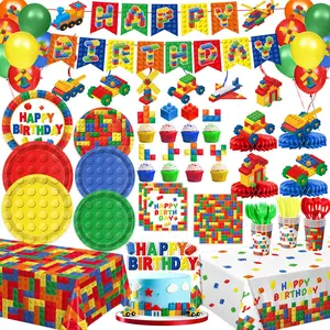 Building Block Birthday Party Supplies, Colorful Building Block Plates, Napkins, Cups, Tablecloth, Banner, Hanging Swirls, Balloons, Honeycomb Centerpieces