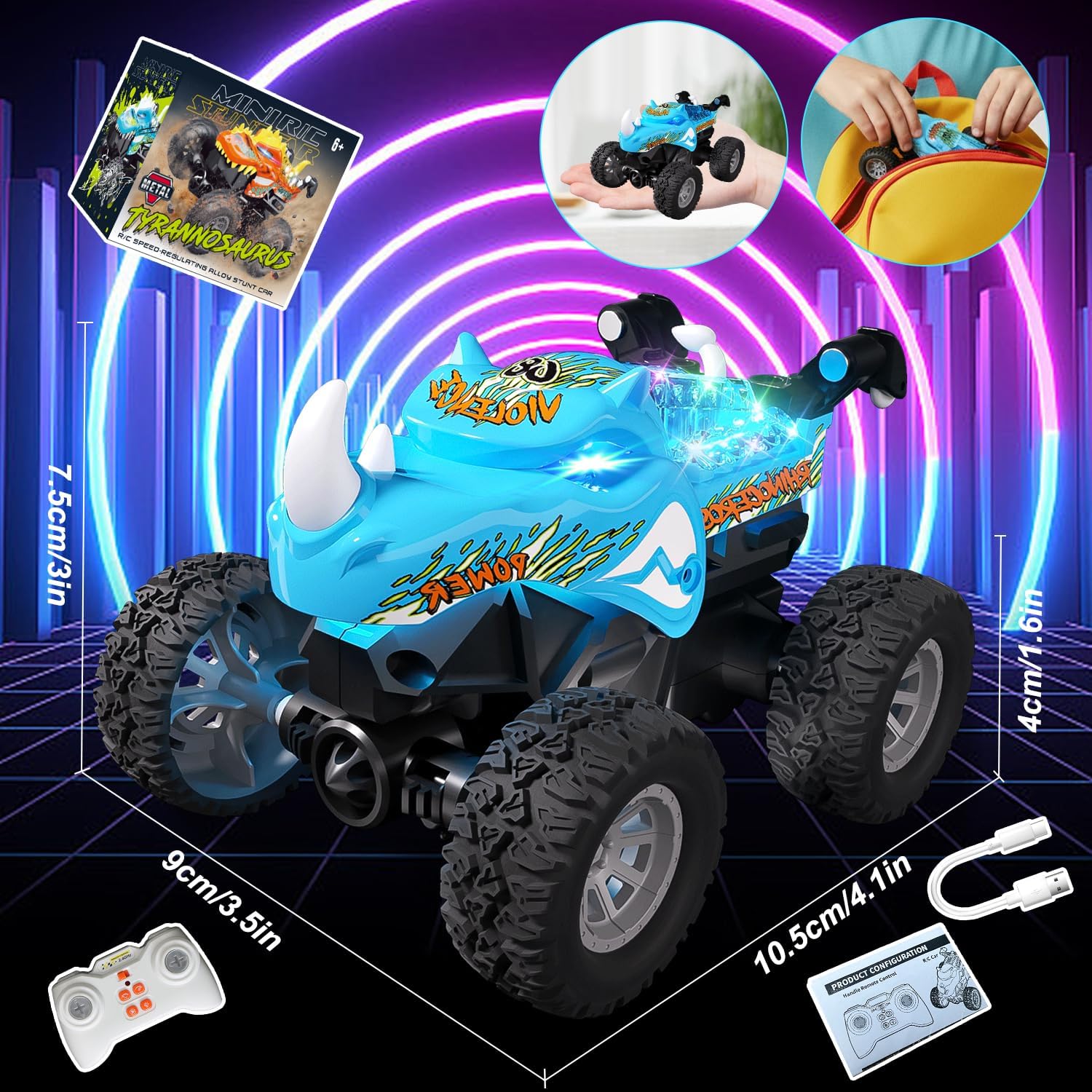 1:64 Monster Trucks Toys 2.4GHz Mini Remote Control Car for Boys 4-7 360° Spin Walk Upright Little Truck Metal Shell RGB Light Christmas Birthday Gifts