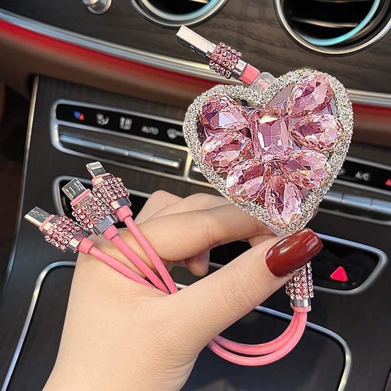 Cute Sparkly Charging Cable 3-in-1 Heart Crystal Rhinestone Aesthetic Fast Charge Car Decoration Phone Accessory TikTok Gift for Girls