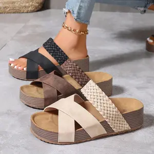ThickSolePlatformSummerSlideSandals-ChicWomen'sCasualOpenToeShoeswithBraidedDetail,Cross-straps,SolidColors,WovenBag