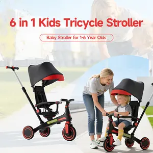 WINHOPE 6-in-1 Children’s Tricycle (Ages 1–6): includes a push handle, sun canopy, and quiet EVA wheels; offers push/push assist/ride modes; suitable for indoor and outdoor use; suitable for both boys and girls.