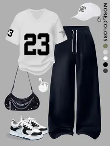 Women's 2026 Digital Number V-Neck T-Shirt & Wide-Leg Pants Set, Womenswear, Y2K Street Style, Breathable Material, Perfect for Summer, Concerts, Festivals