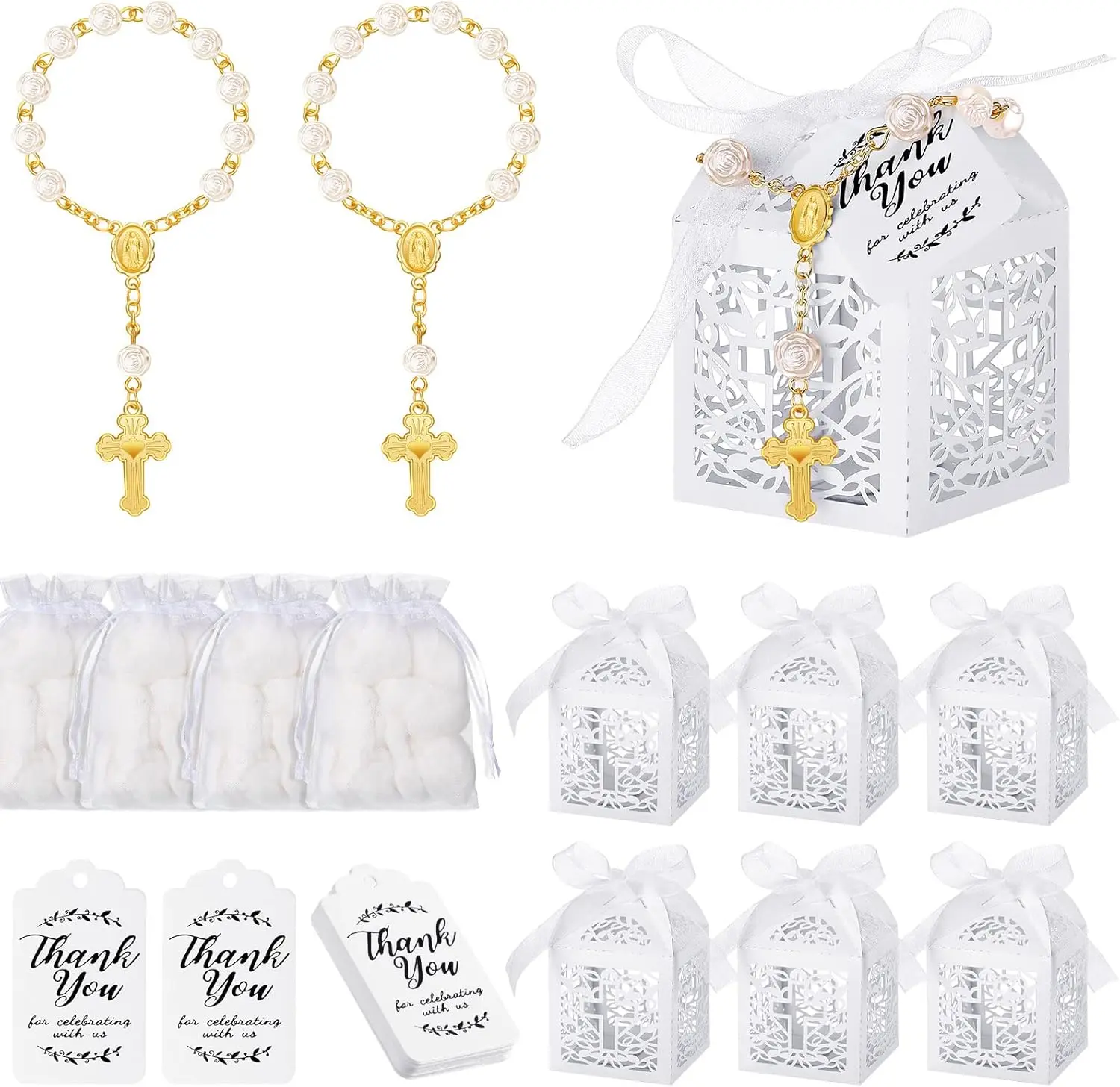 100 pcs set of baptismal prayer beads, including mini prayer beads, white hollow gift box, transparent hard gauze bag and thank-you label, prayer beads with gold cross pendant, used for birthday parties, baby showers, weddings, churches
