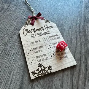 Fun Twist Dice Game Ornament for Christmas Parties - Red Buffalo, White Buffalo or Tan Burlap Bow Wood Decor