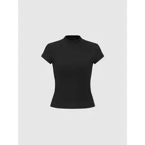 URBAN REVIVO Women's 2026 Summer Minimalist Mock Neck Short-Sleeve Plain Cotton Body-Fitting T-Shirt, Essential Casual Slim Clothes with Breathable Fabric