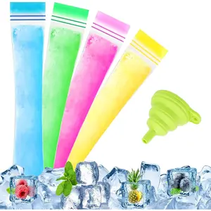 200 Disposable Popsicle Mold Bags, Double Zip Seals, BPA-Free, Thicken, 1 Silicone Funnel, Freezer Pop Bags for DIY Ice Pop, Yogurt Tubes, Fruit Popsicle, Freeze Molds (4 Colors)JNOF