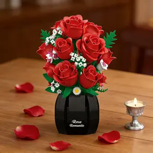 Roses Flowers Botanicals Building Sets with Vase and LED Light, Light Up Rose Artificial Plants Bonsai Building Blocks Toys for Adults,Indoor Home Office Decor,Valentines Day ,Easter Christmas Birthday Gift for Adults Women