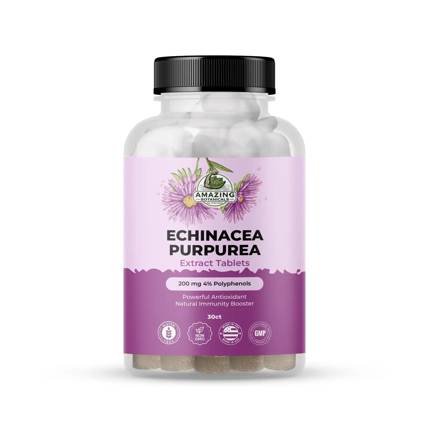 Amazing Botanicals Gluten-Free Echinacea Purpurea Botanical Extract Dietary Supplement Tablets - 200mg per Tablet, 4% Polyphenols, Anti-Oxidants, Immune Support, Inflammation Support, 30ct
