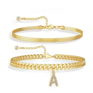 Women's Adjustable Stackable Gold Ankle Bracelet Set with Letter Pendant Summer Beach Jewelry Mother's Day Gift