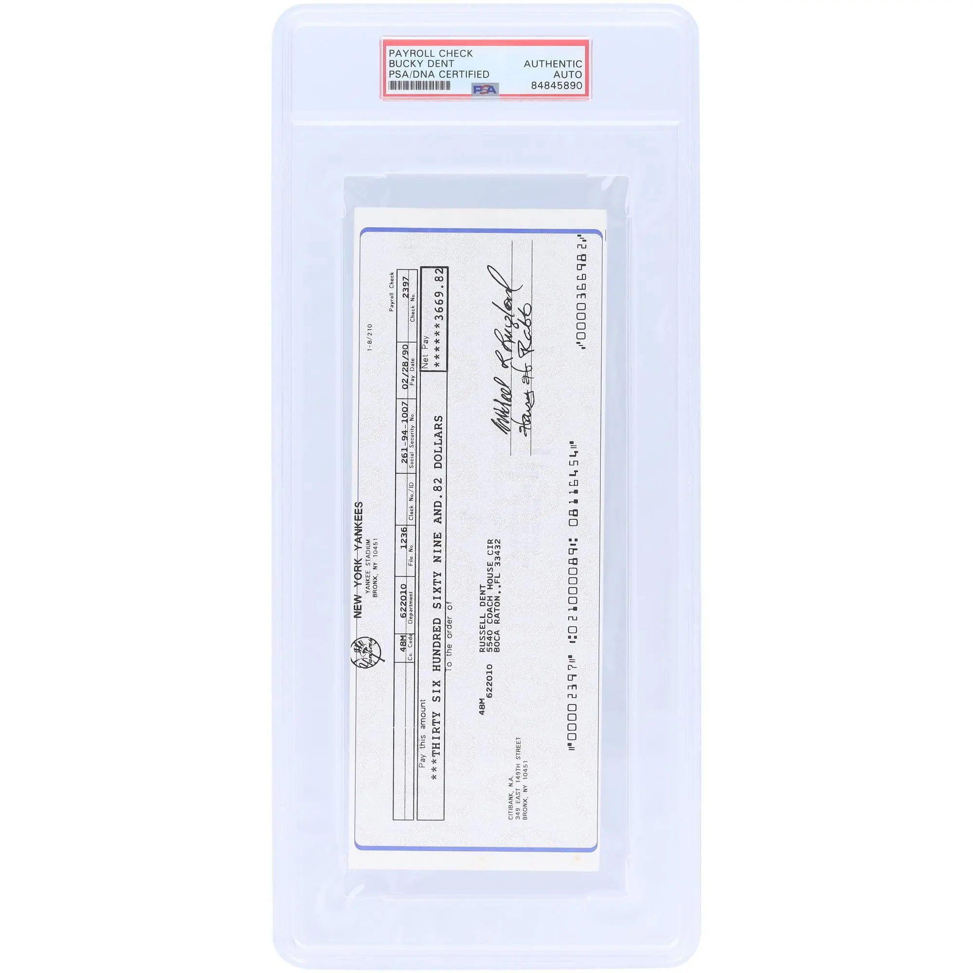 Bucky Dent New York Yankees Autographed Check from February 28, 1990 - PSA 84845890 - Fanatics Authentic Certified