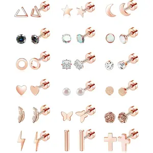 18 Pairs Stainless Steel Stud Earrings Set for Women Men  Moon flower Heart Leaf Opal 20G Cartilage Earrings  Flatback Earrings