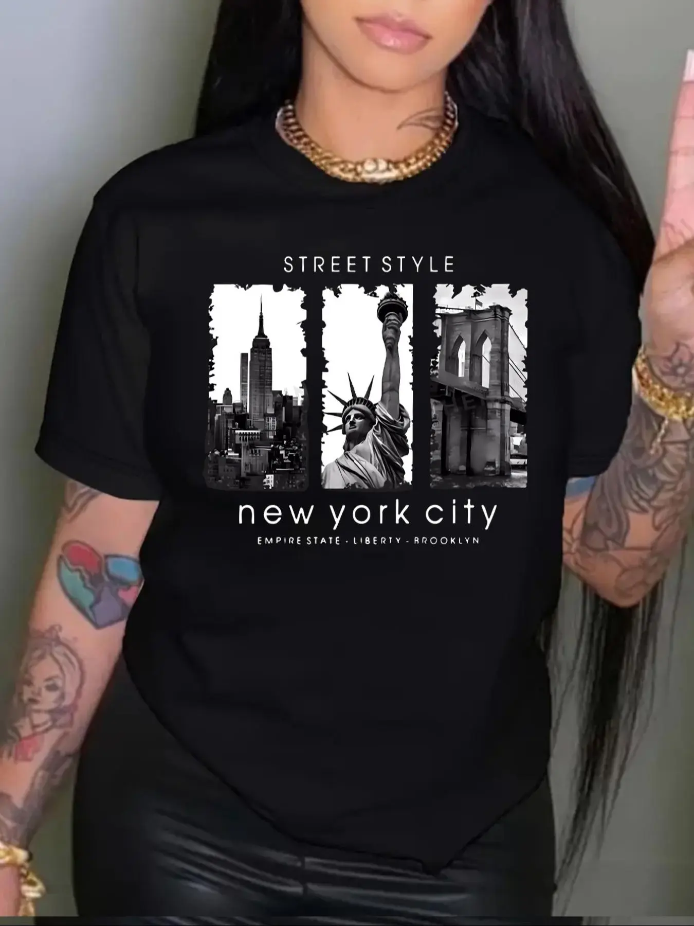 Plus Size New York City & Letter Print Round Neck Tee, Casual Short Sleeve Crew Neck T-Shirt for Summer, Women's Plus Clothing for Daily Wear