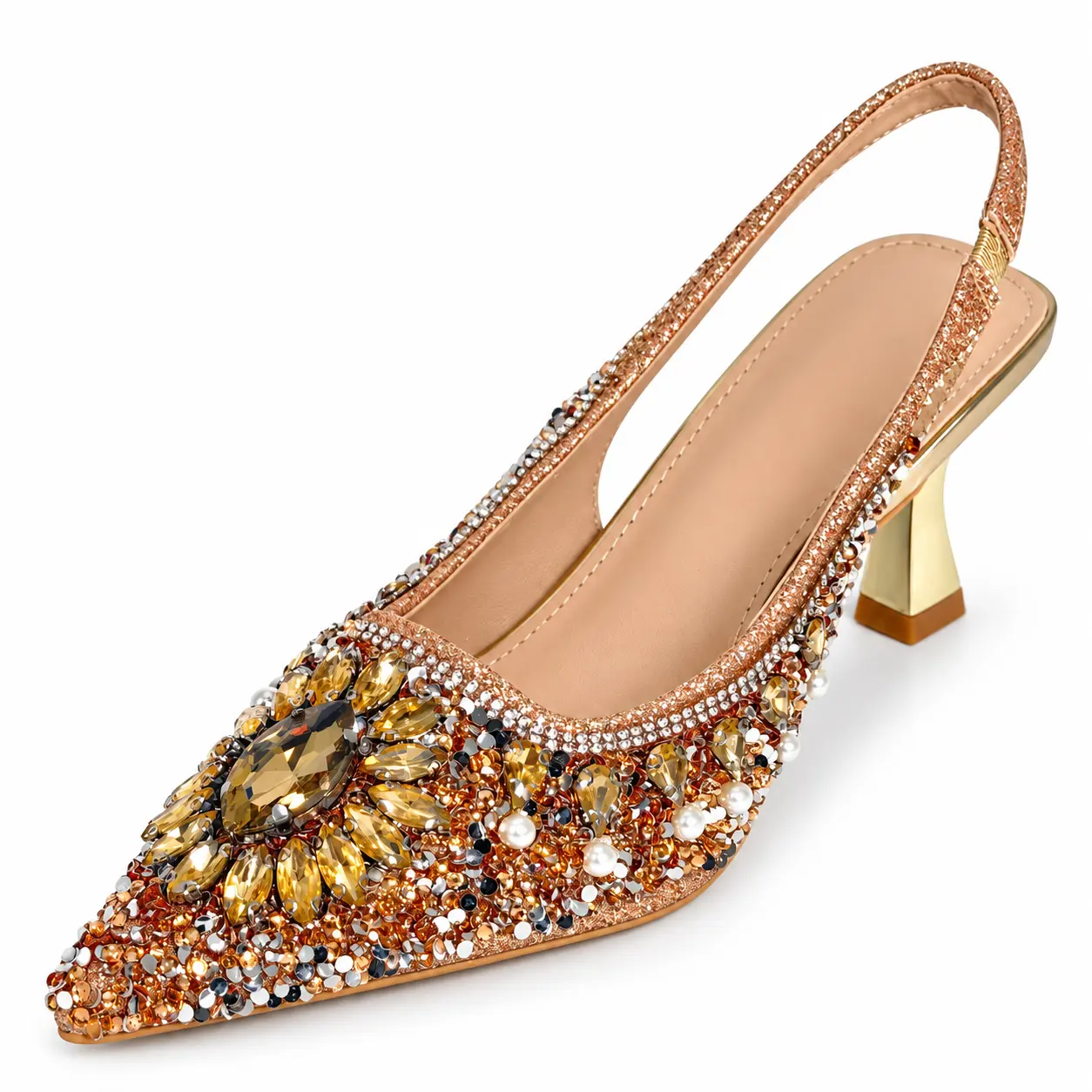 Women's Champagne Gold Pointed-Toe Slingback Kitten Heels, 2.55-Inch Heel, Sparkling Rhinestones, Pearls & Glitter Detail, Elegant Dress Shoes for Wedding, Bridal, Prom, Party, Evening & Date Night