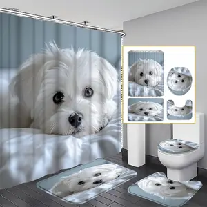 1/3/4PCS Fluffy White Dog Shower Curtain set, Cozy Pet Bathroom Decor, Accessories with Bath Mat, U-shaped Mat, Toilet Lid Cover, 12 Hooks 180x180cm Curtain, Dog Lover, Home Decor, bathroom accessories, shower essentials