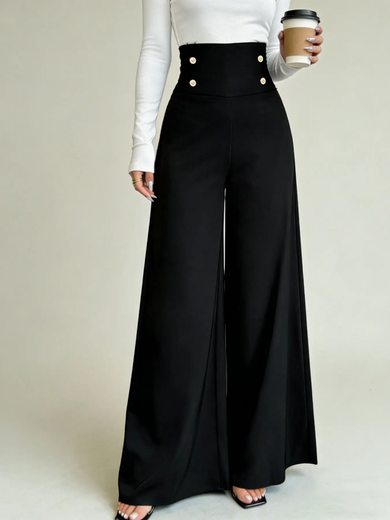 A fashionable black high waisted metal buckle decorated wide legged pants for women, with a loose and slimming feel for commuting, suitable for daily commuting Style Pants