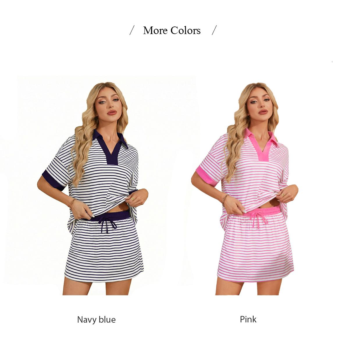 Chicovar Striped 2 Piece Outfits Casual Set  Short Sleeve V-Neck Polo Skort with Built-in Shorts & Pockets, Adjustable Waist, Stretchy & Comfortable, Lounge Sets, Athleisure, Comfyoutfit, Casualoutfits