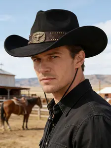 Vintage Velvet Western Cowboy Hat with Wide Brim Design, Rivet Belt Buckle, Outdoor Riding Sun Protection Cap, Unisex Authentic American Classic Denim Hat