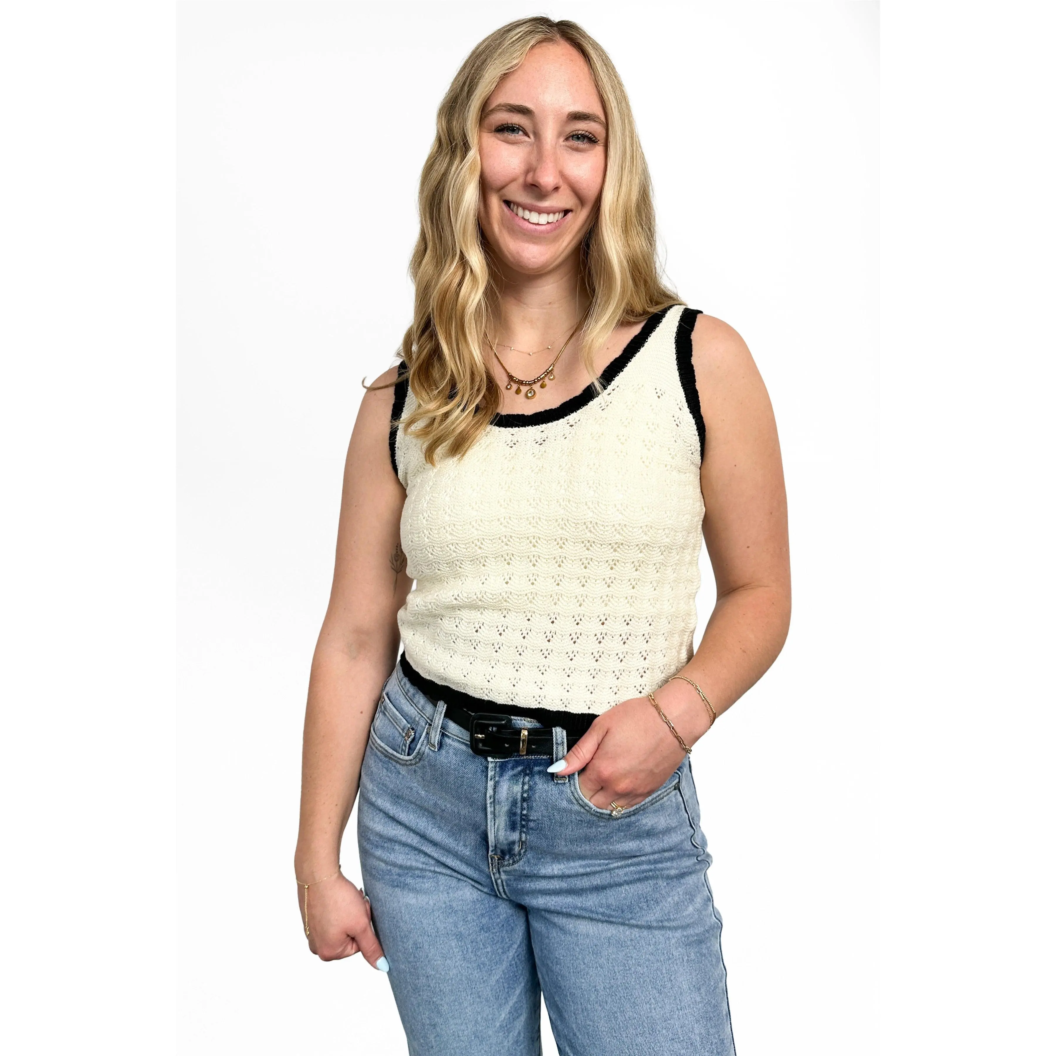 Women's Pointelle Knit Contrast Trim Tank Top by Ava Lane