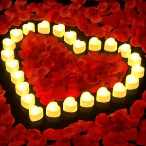 Romantic Rose Petals & Heart LED Candles Set 24 Bright Heart Candles 1000 Artificial Rose Petals for Weddings Anniversaries Valentine's Day Decor