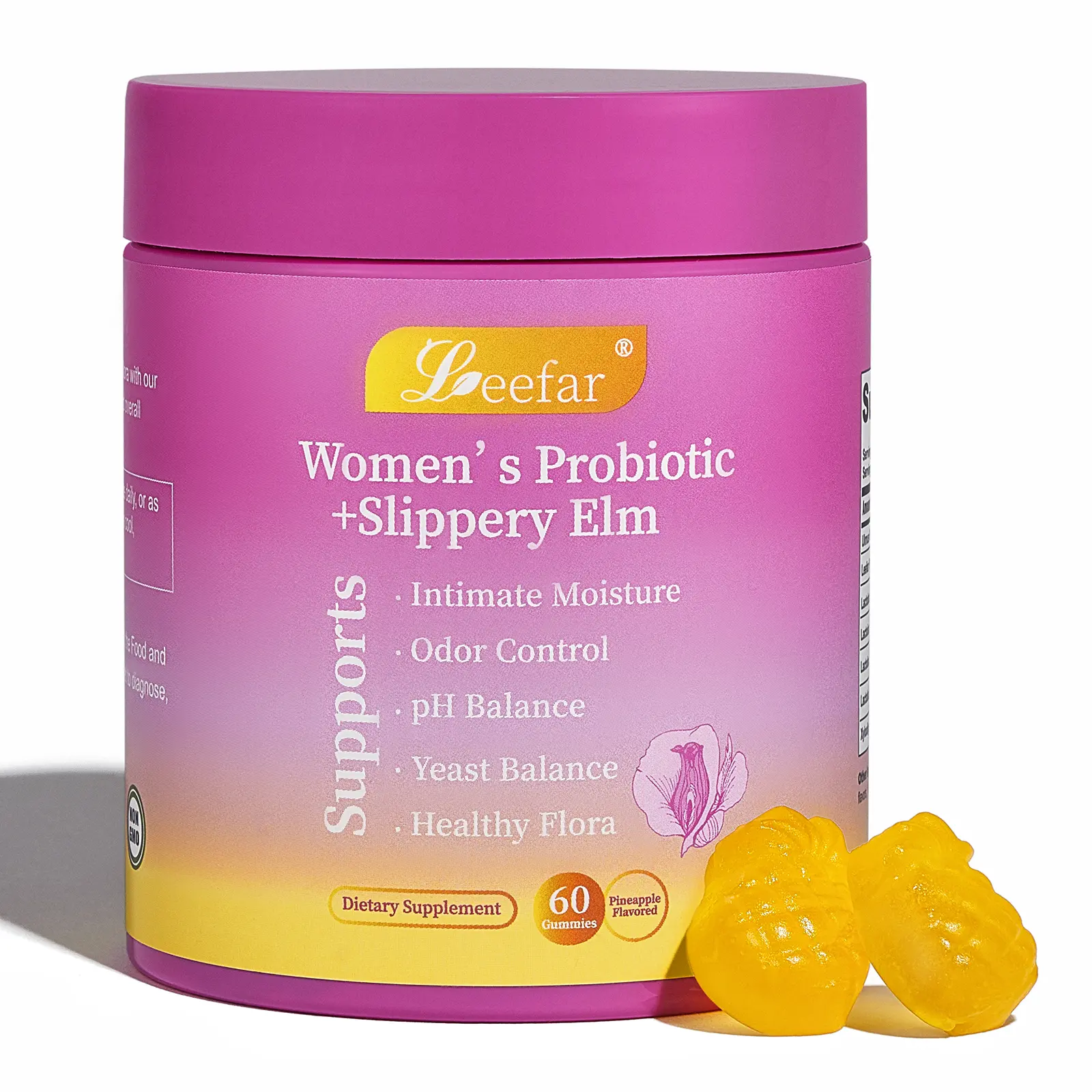 LEEFAR Feminine Probiotics Gummies- All in One Solution with Slippery Elm and Prebiotics&Lactobacillus Probiotic Blend for Women’s pH Balance and Dryness - Hawaiian Pineapple Gummies 60 Count hawaiian pineapple
