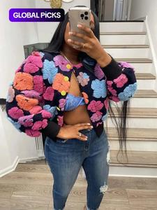 【plus size】 floral print button front crop jacket, casual long sleeve open front outerwear for fall & winter, coat, women's clothes for daily wear, clothing, womenswear