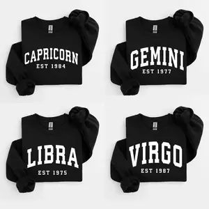 (Message) Customized Year, Customized Zodiac Sports Shirt - Black, Astrology Pullover, Cute Constellation Energy Gift, Neutral Round Neck Sports Shirt, 2025 Birthday Zodiac Clothing - AGRAIMENTRY