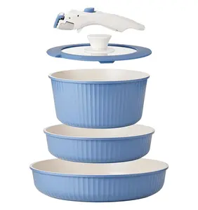 KOCH SYSTEME CS 5 Piece Nonstick Pots and Pans Set with Detachable Handle, Cookware Set with Detachable Handle, Stackable RV Camping Kitchen Set, Induction Compatible, Blue