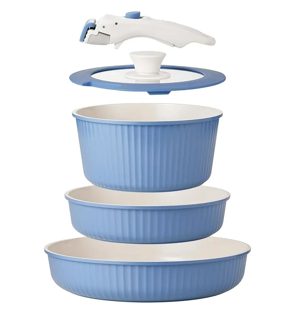 KOCH SYSTEME CS 5 Piece Nonstick Pots and Pans Set with Detachable Handle, Cookware Set with Detachable Handle, Stackable RV Camping Kitchen Set, Induction Compatible, Blue